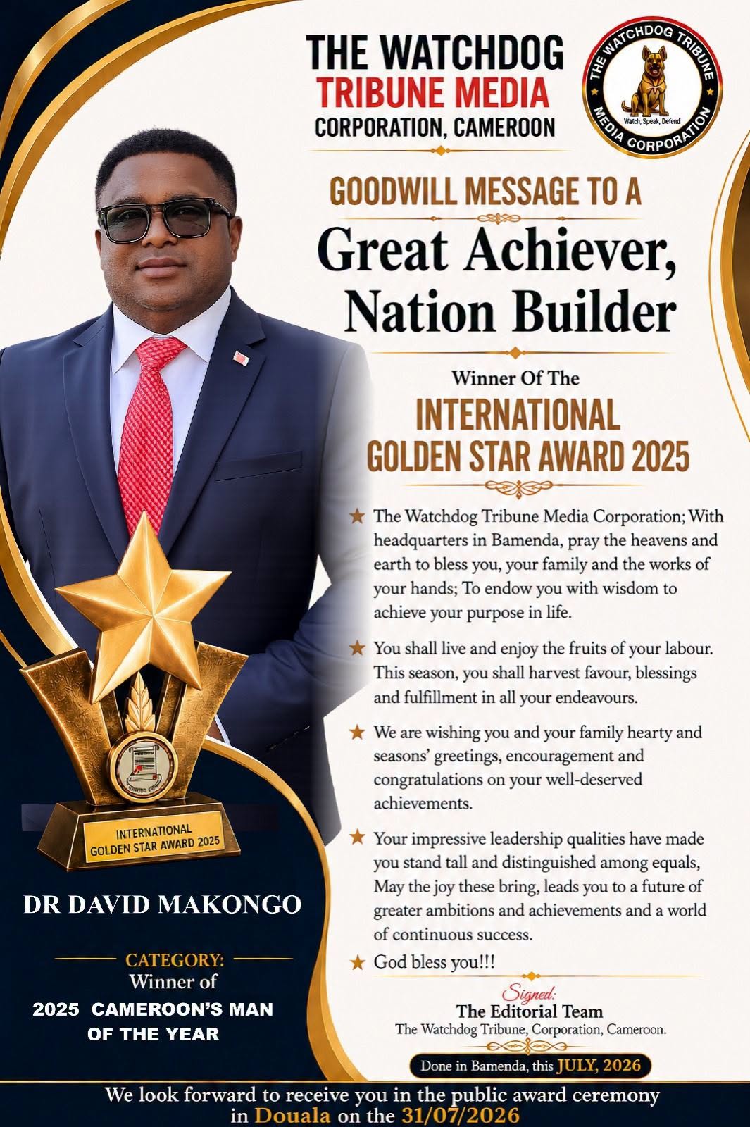 Humbled and Honoured: Winner of the 2025 International Golden Star Award and Cameroon's Man of the Year